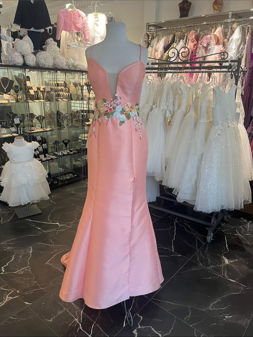 Tarik Ediz 50066 Pink Floral-Embellished Evening Gown